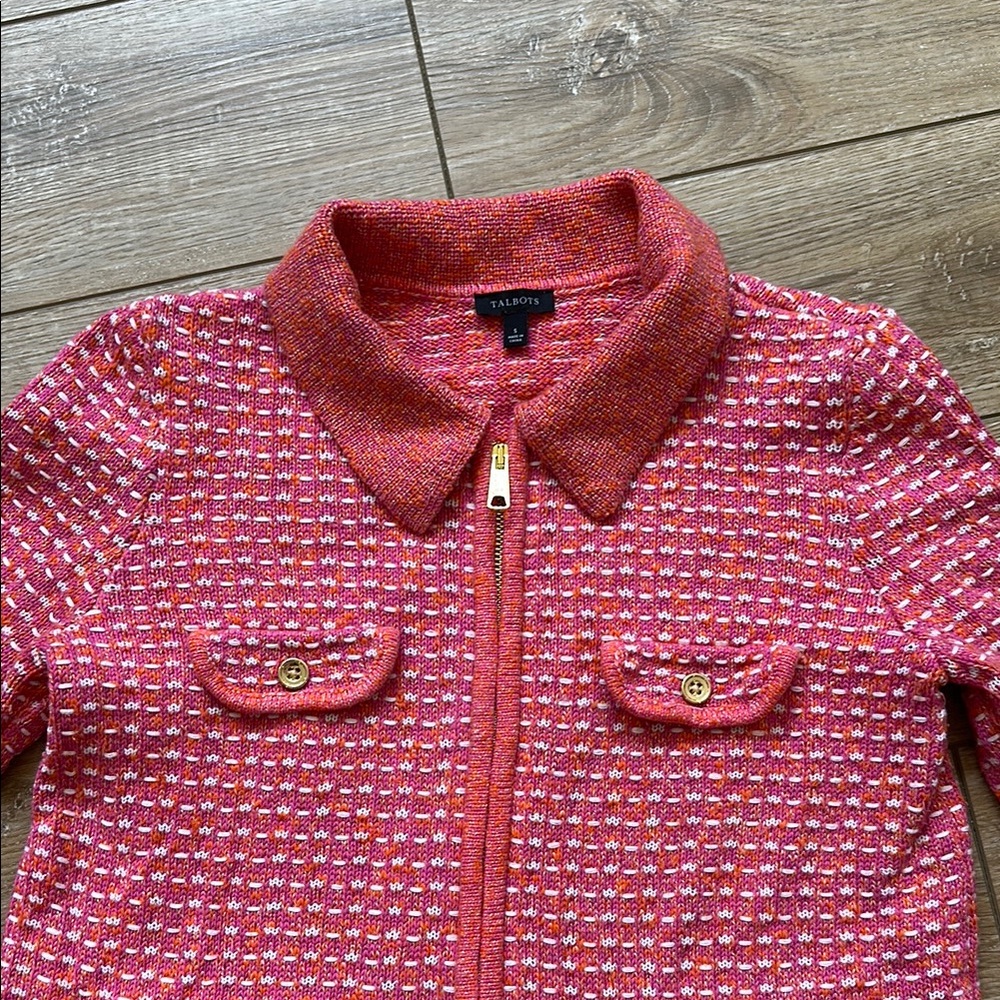 Talbots Pink White and Orange Tweed Sweater Jacket with Gold Accents Size S - Picture 4 of 11